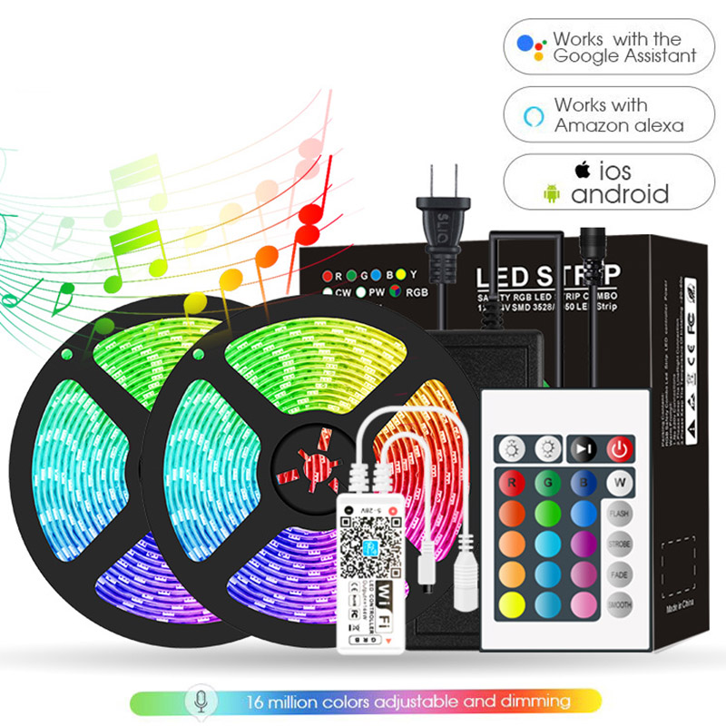 DC12V 16.4ft/5M 5050RGB WIFI Intelligent Voice Dimmable Color LED Light Strip Kit,30LEDs/M, Glue Multi Colorful LED Light Strip